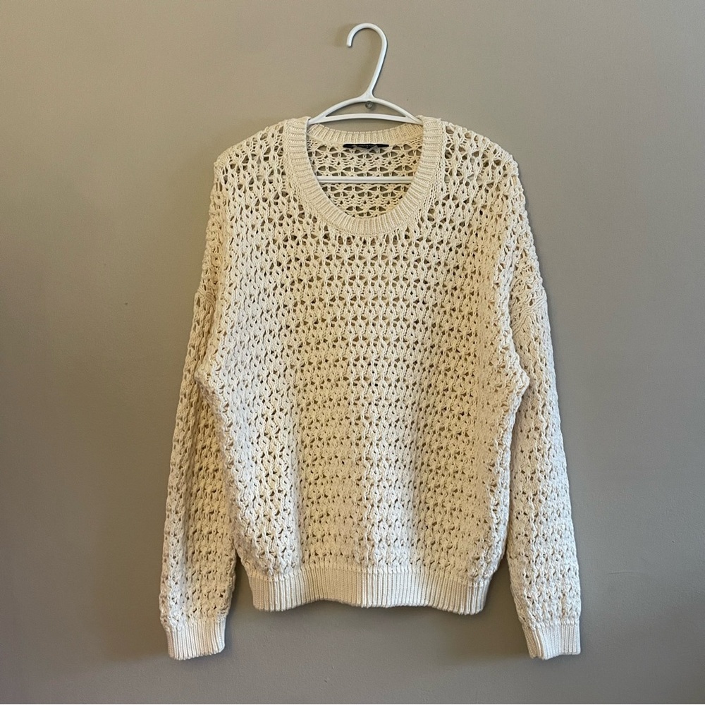 Denver Hayes Cream Open-Knit Drop Shoulder Crewneck Sweater โ Large Like New - Picture 3 of 16